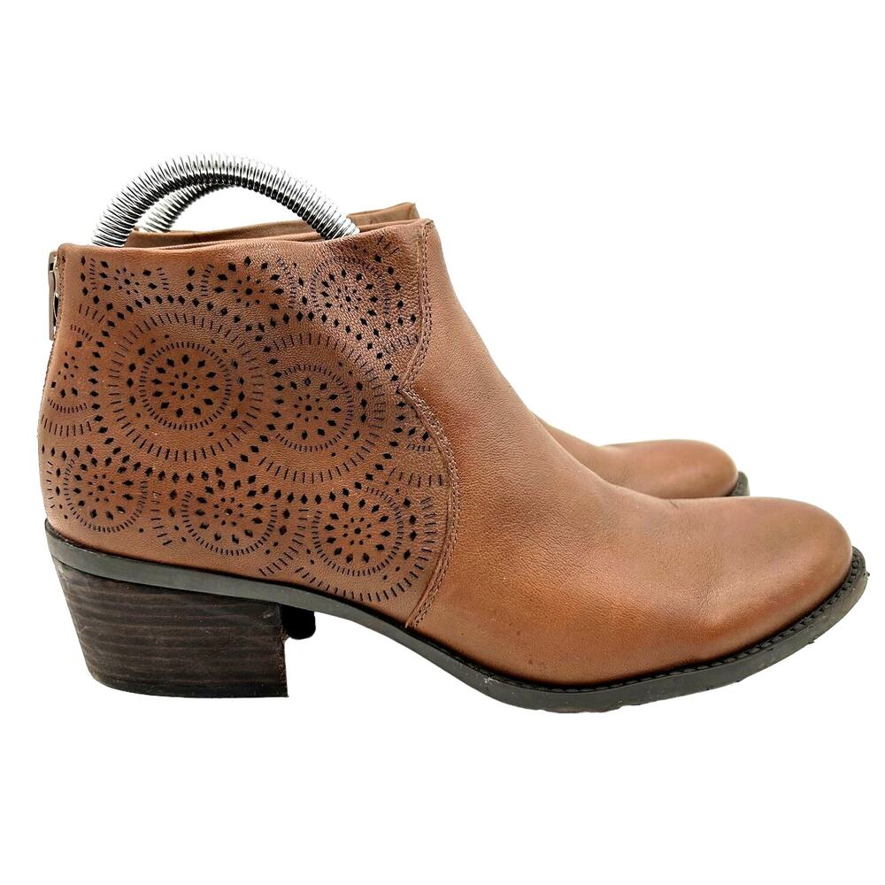 Umberto Raffini Kirby Perforated Leather Ankle Bootie 9.5 Cognac Block Heel